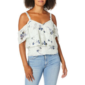 LUCKY BRAND Blouse Women Size Medium Floral Green Cold Shoulder Tiered Top Vneck